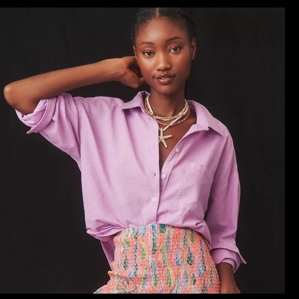 Maeve Anthropologie Bennet Classic Cotton Preppy Button Down Shirt Purple MP